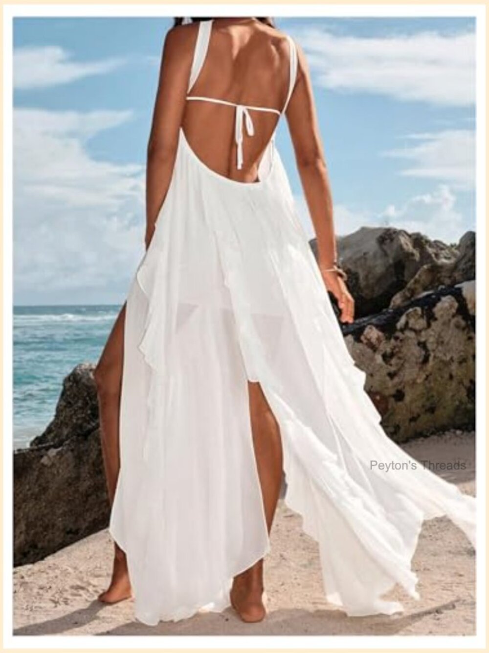 Sleeveless Ruffle Halter Maxi Dress Open Back Asymmetrical Hem - Picture 2 of 5